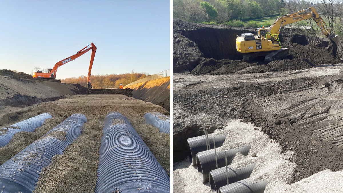 (left) Backfilling excavation and (right) construction of storage upstream of CSO - Courtesy of MMB