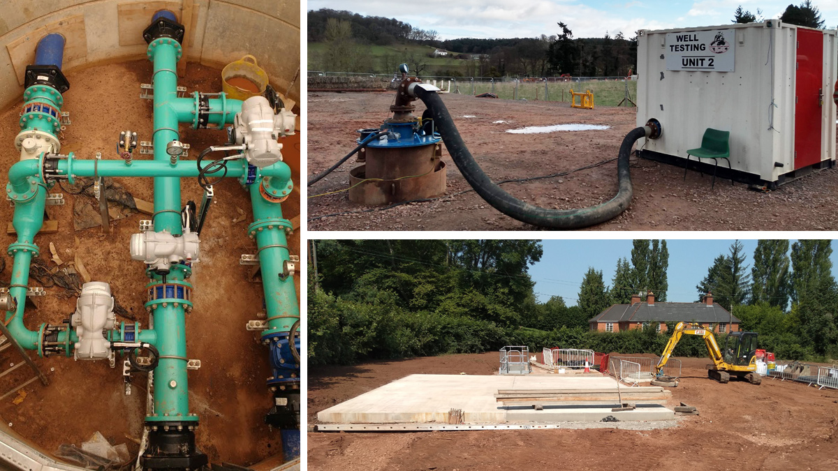 (left) combined flow chamber, (top right) Borehole 5 CRT test and (bottom right) Borehole 5 chamber - Courtesy of Galliford Try