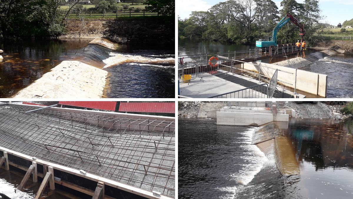 (top left) Existing V-notch weir, (top right) access walkway to middle of river and (bottom left) V-notch infill works and (bottom right) the completed infill V-notch - Courtesy of Ward & Burke