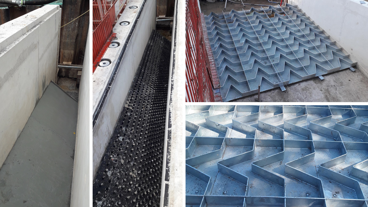 (left) Eel pass concrete pour and with eel tiles installed, and (right) the fish pass Larinier baffles - Courtesy of Ward & Burke