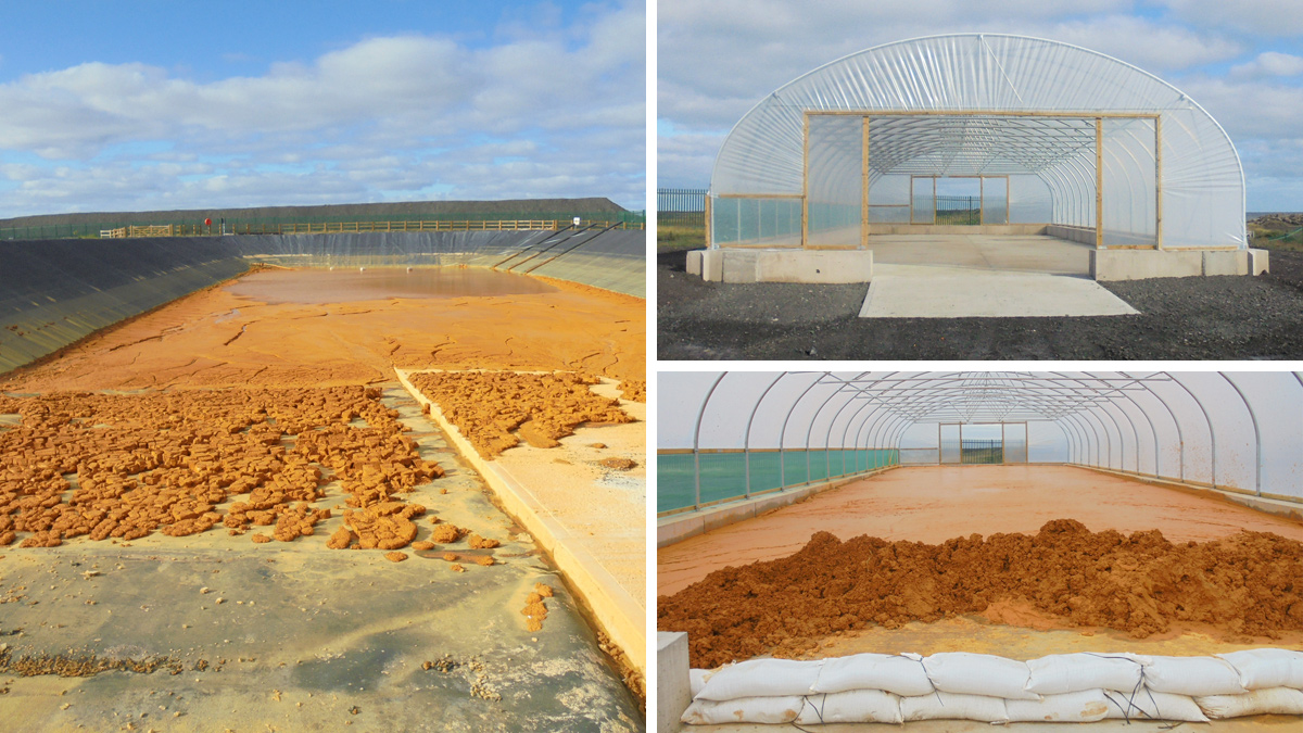 (left) new sludge drying bed following first de-sludge, (top right) polytunnel and (bottom right) polytunnel full of ochre in drying process - Courtesy of JN Bentley