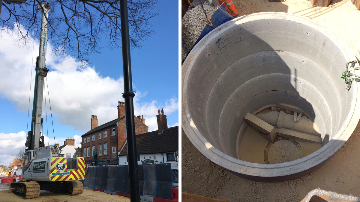 (left) Drilling rig set up ready to drill drop shaft outside Newark Castle and (right) overflow chamber and drop pipe on Castle Gate Newark - Courtesy of Severn Trent