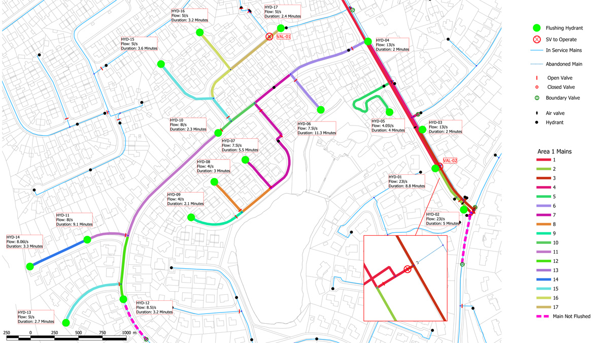 Typical intelligent unidirectional flushing map for area of pilot project denoting hydrant and valve locations, event sequences, minimum flow rates for flushes and minimum durations for flushes - Courtesy of NI Water