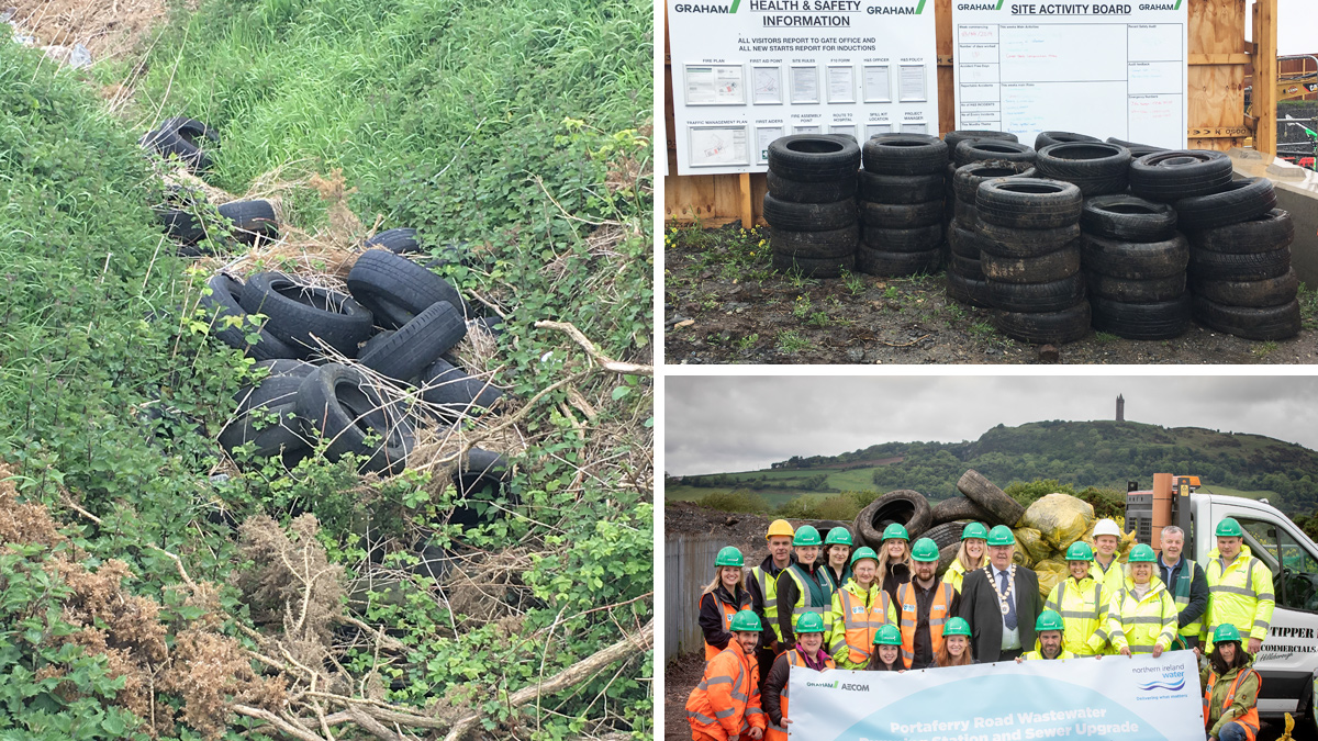 (Left) Tyres found dumped on adjacent lands were (top right) collected and disposed of safely. (Bottom right) There was a great turn out for beach clean from project staff, stakeholders and local volunteers despite very wet weather - Courtesy of NI Water