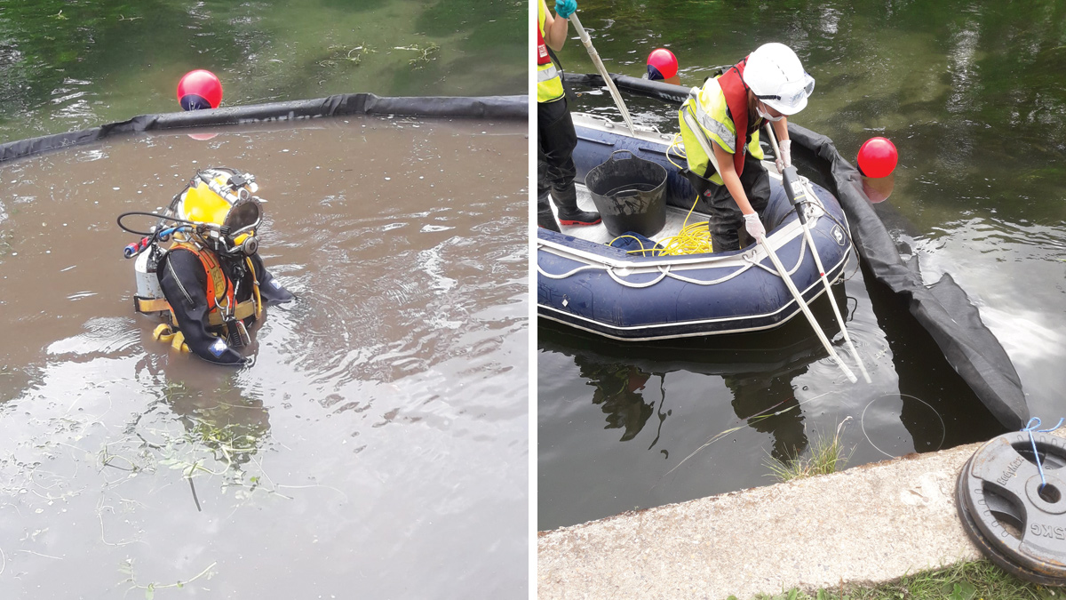 (left) Silt curtain in place and dive works underway Red7 and (right) electro-fishing to safely remove the fish - Courtesy of BTU Utilities