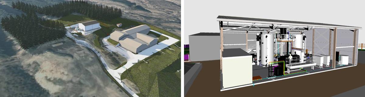 (left) Model image of proposed MIEX plant and existing WTW at Ardrishaig and (right) proposed MIEX plant at Dhu Loch - Courtesy of ESD