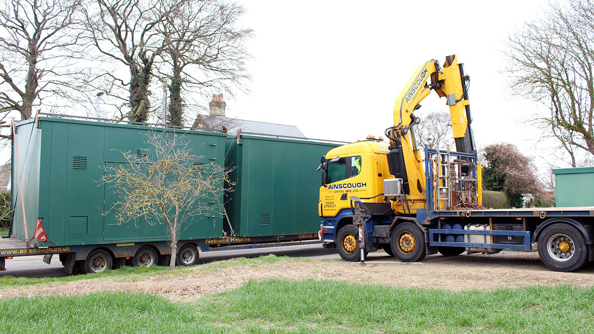 Technocover organised special transport and lifting plant for the delivery and installation of several pre-assembled enclosures measuring 6000mm long by 5460mm wide by 3000mm high to reduce site time