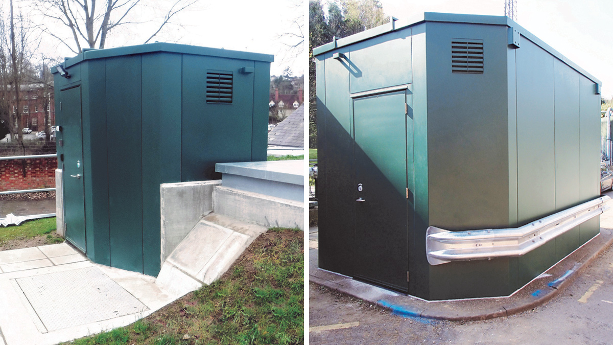 (left) UltraSecure kiosk, 3800mm x 3000mm on plan, with an angled side to leave clearance for the opening/closing of a nearby access cover, while fitting snugly between concrete wall elements, and (right) specially shaped kiosk with protective bumper strip to suit kerb location.