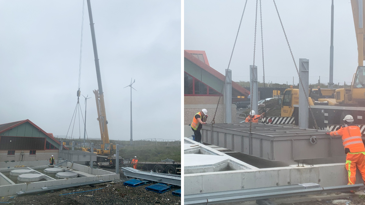 CCT tank being lowered into the building foundation prior to fixing of the roof steel - Courtesy of ESD