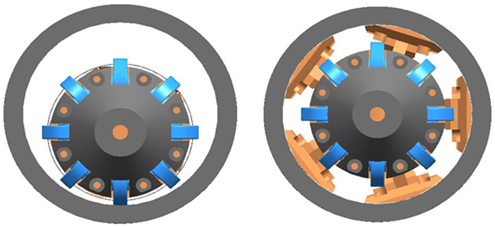 (left) The Re-Rounder deployed in a sewer and (right) the Re-Rounder mobilised to the pipe intrados - Courtesy of Wessex Water