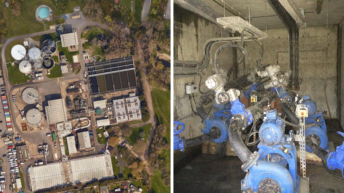 (left) Google Maps image of East Worthing WwTW and (right) flood damage of original installation - Courtesy of BTU