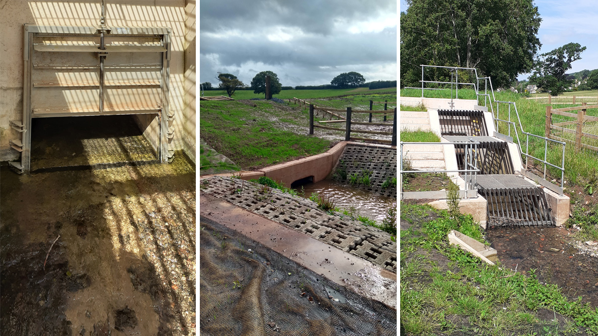 (left) The penstock and (right) trash screen and culvert inlet structure - Courtesy of North Somerset Council, and (middle) ArmorFlex matting - Courtesy of Arcadis.