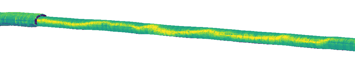 3D point cloud showing a change in the diameter, where another section of lining was required to repair the BCIS. The different colours represent different surface or material effects - Courtesy of Headlight AI