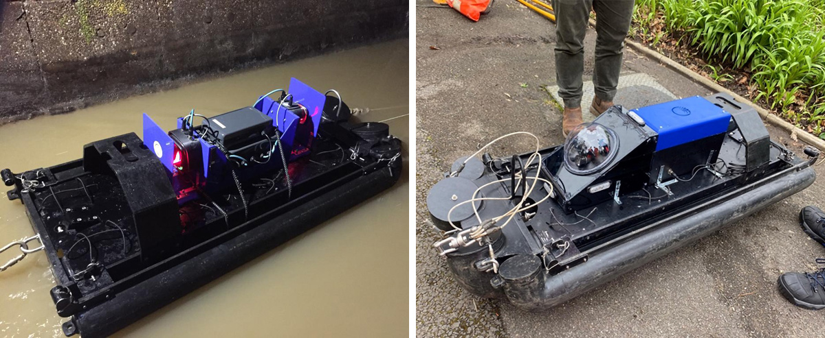 (left) Early prototype version of Telesto on the floating platform - Courtesy of Bright IG, and (right) a later prototype - Courtesy of Headlight AI