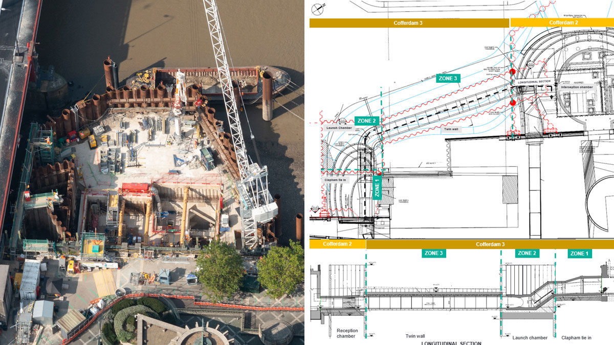 (left) ALBEF Cofferdam 2 and (right) permanent Clapham culvert and temporary works - Courtesy of FLO JV