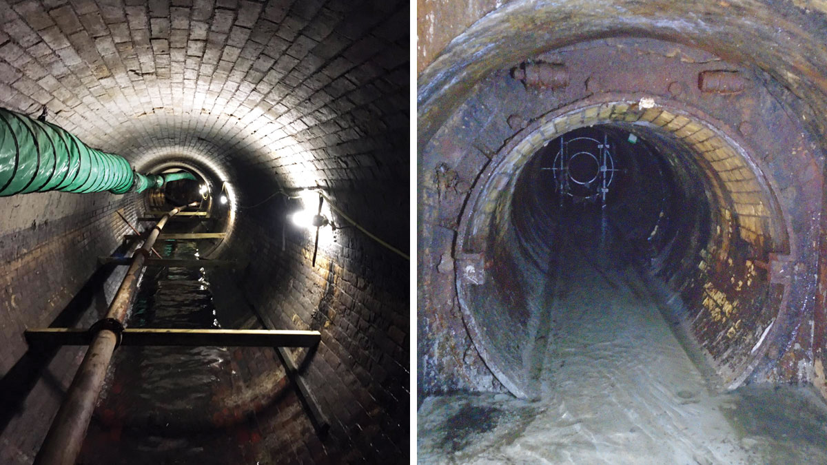 (left) Inside the Holloway Storm Relief Sewer with concrete pump lines, ventilation and lighting in place and (right) completed benching at the point where the HSRS meets the cross-connection - Courtesy of J Murphy & Son