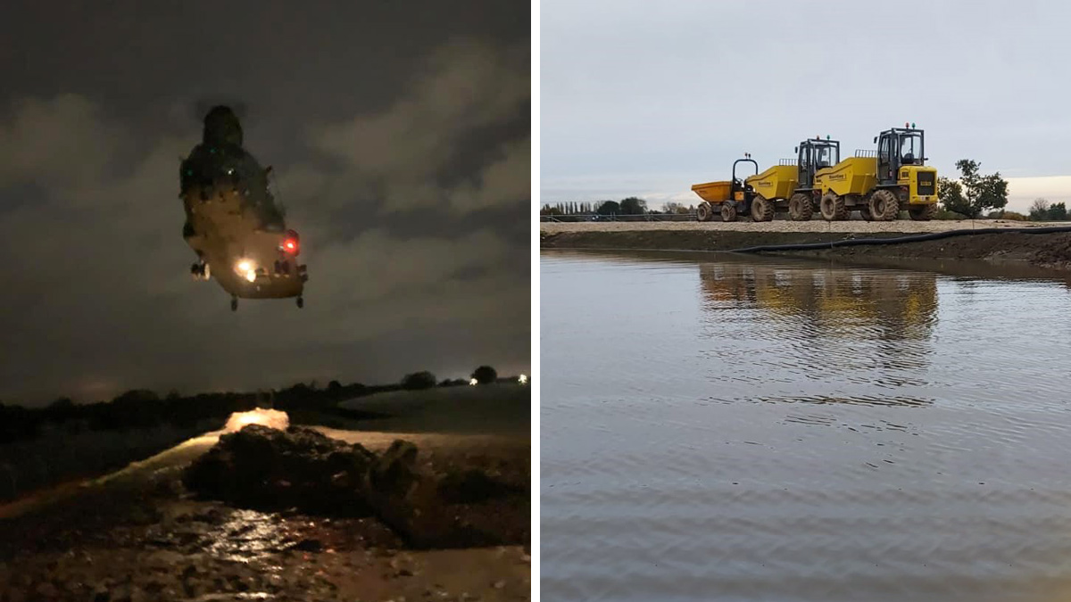 RAF Chinook helicopter called in to help reinforce defences during the November 2019 floods - Courtesy of JBA Bentley