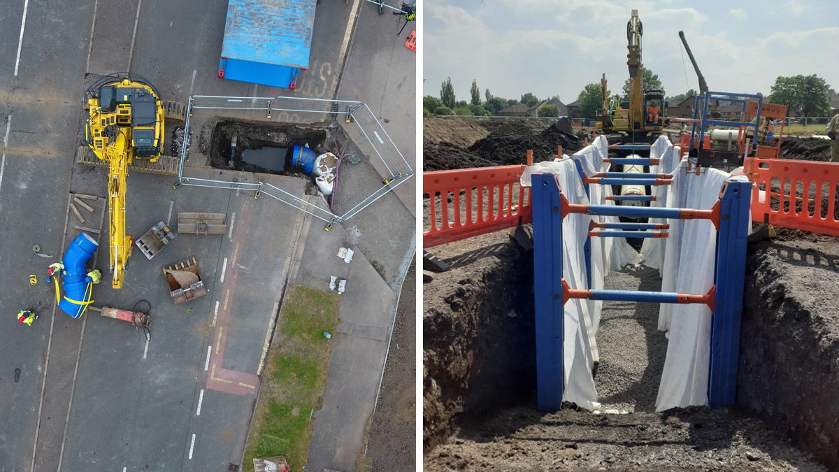 (left) Work at Mosspark Boulevard, Glasgow - Courtesy of Paul Milligan, CWA, and (right) Pipeliaying at Bellahouston Park, Glasgow - Courtesy of Caledonia Water Alliance