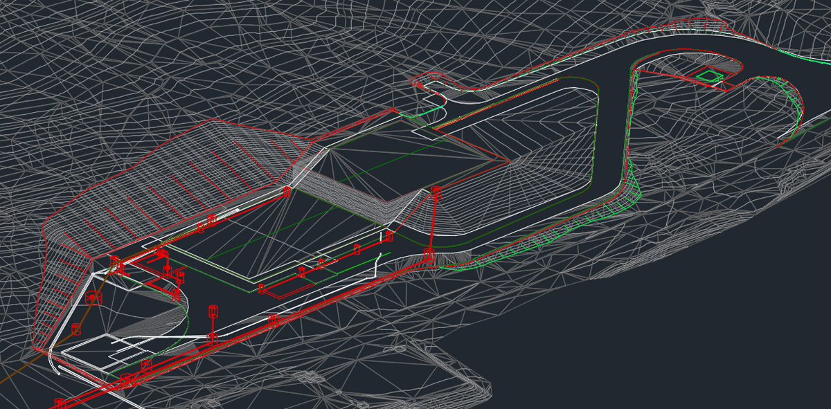 Civils 3D output showing site groundworks, road and drainage pipework - Courtesy of ESD