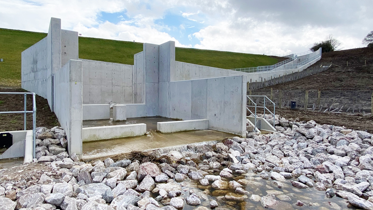 Looking upstream at the stilling basin/outlet of the newly constructed spillway - Courtesy of MMB
