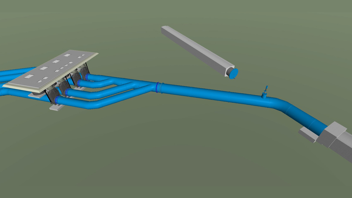 The 4 (No.) DN1600 pipes converge to a single 2200mm pipe before connection to the existing aqueduct - Courtesy of MMB