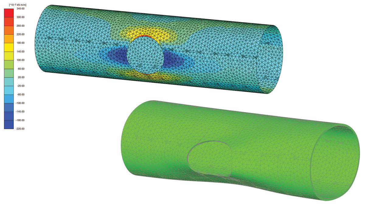 (top) PLAXIS 3D main tunnel primary lining bending moment in hoop direction for the long term permanent case (empty tunnel) and (bottom) PLAXIS 3D main tunnel primary lining deformed shape for the long term permanent case (empty tunnel) – Courtesy of AECOM