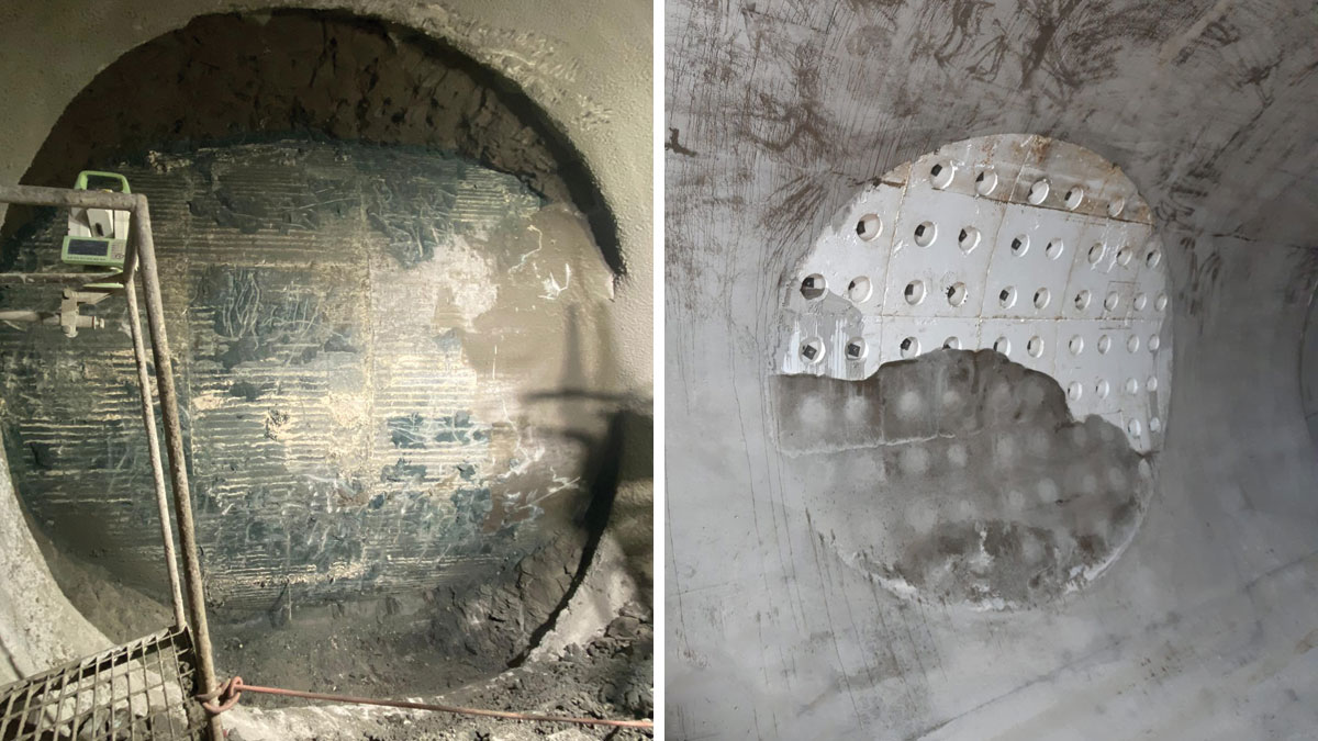 (left) Main tunnel primary lining rings exposed after connection tunnel excavation and (right) connection tunnel eye after casting main tunnel secondary lining - Courtesy of FLO JV/Tideway