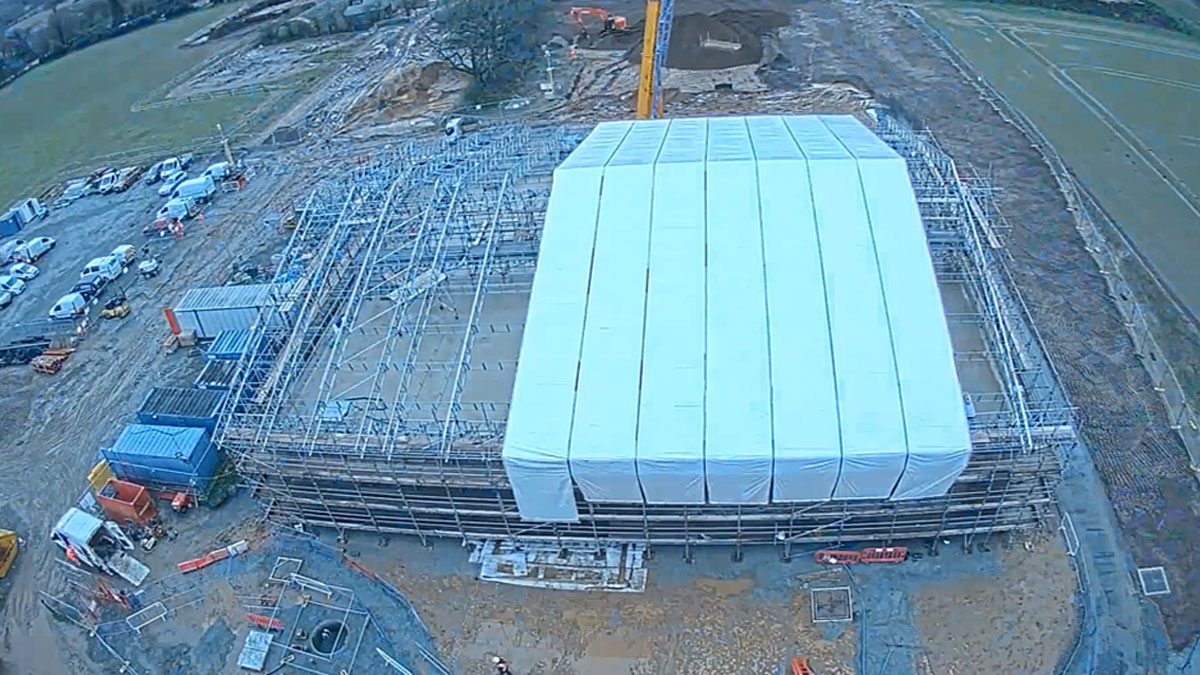 The adverse weather protecting canopy being installed at Horstead Storage Reservoir - Courtesy of @one Alliance