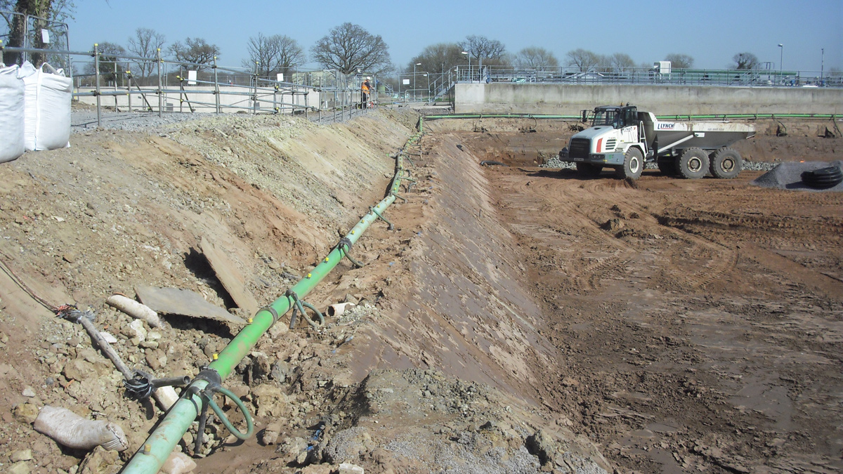Dewatering system to drawdown the water table below the construction of an ASP tank - Courtesy of OGI Groundwater Specialists Ltd