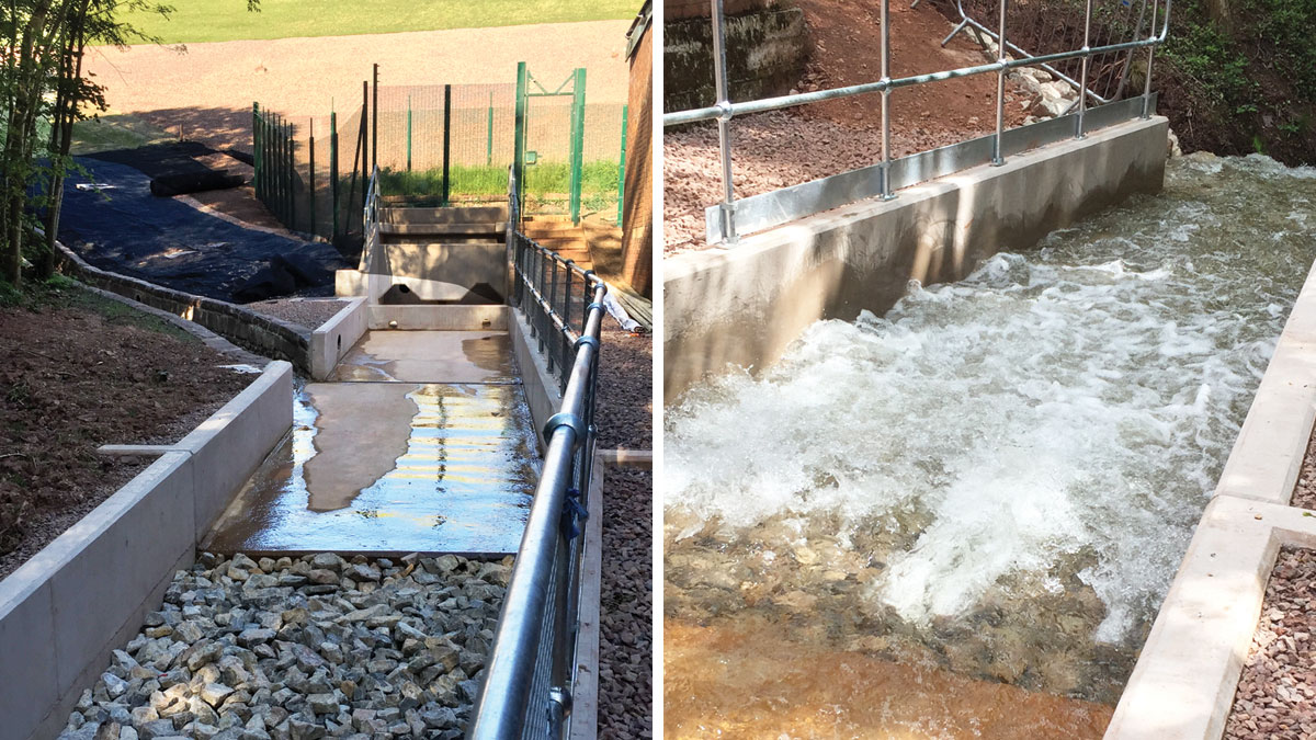 (left) Scour outlet chamber and embankment and (right) scour test upon completion - Courtesy of MMB