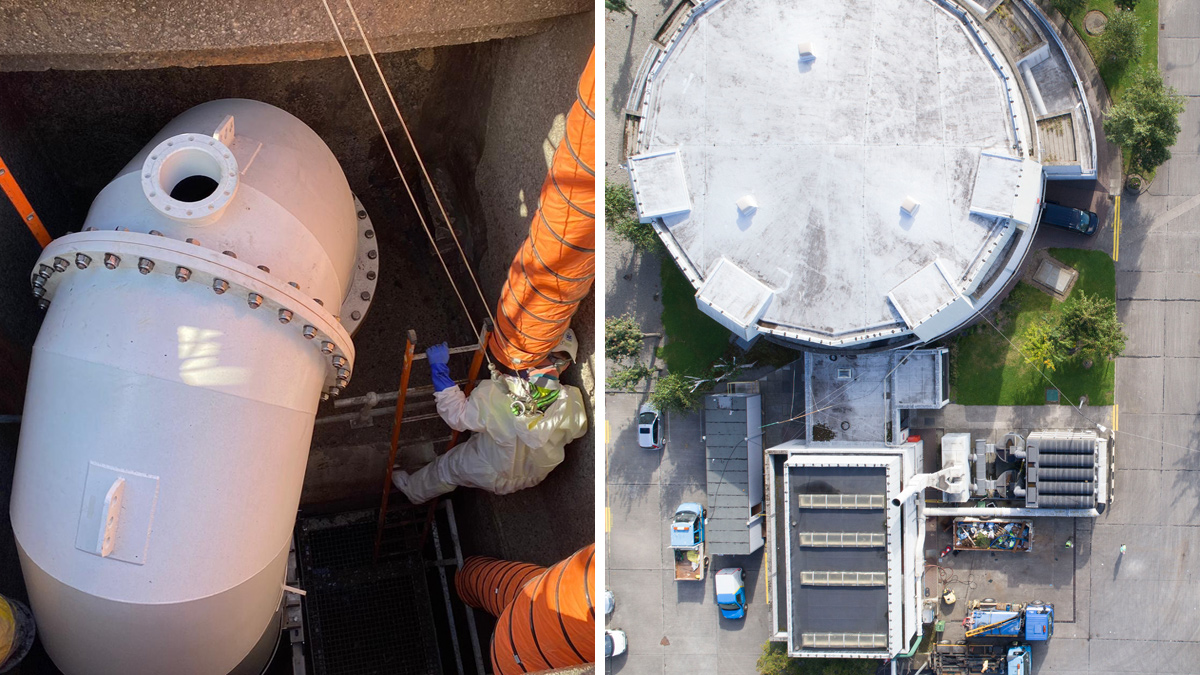 (left) Siphon pipework installation and (right) aerial view of the Ringsend MLPS site - Courtesy of EPS Group