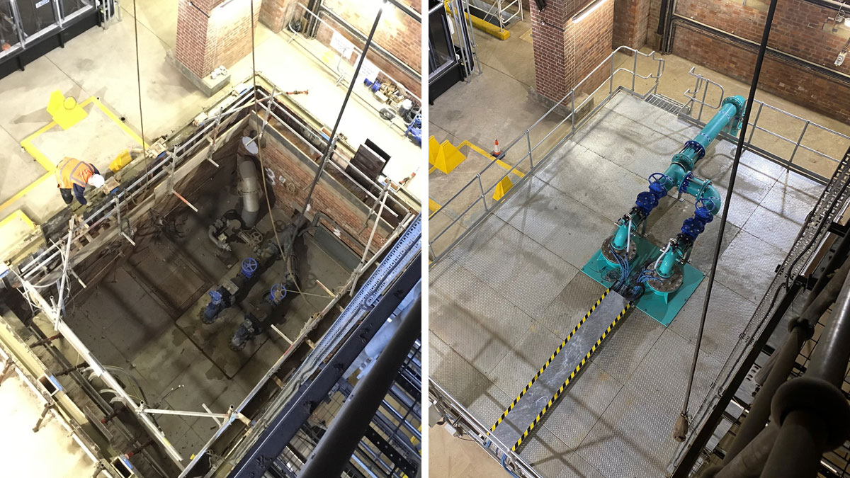 (left) Existing Thorpe GWS and (right) Thorpe GWS post works on the top platform and pump installation - Courtesy of Northumbrian Water