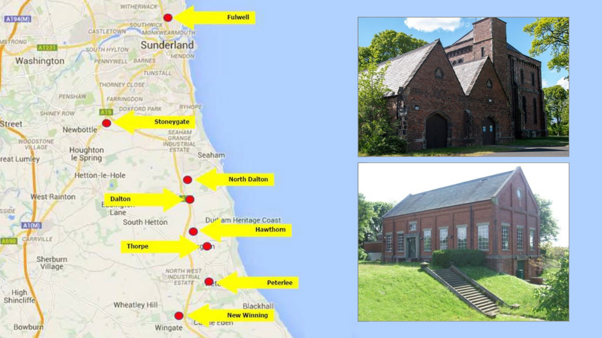 Geographic distribution of the Sunderland Groundwater stations. This project relates to Stoneygate, Hawthorn, Thorpe, Dalton (lower photo) and Fulwell (upper photo). Refurbishment of the Victorian assets presented a range of challenges relating to the planning, construction, and subsequent process integration aspects of the project - Courtesy of Northumbrian Water