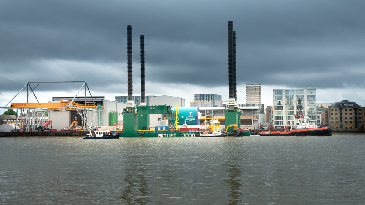 Herrenknecht TBM Selina being transported on the Ravestein BV Skylift 3000 jack-up barge - Courtesy of Tideway