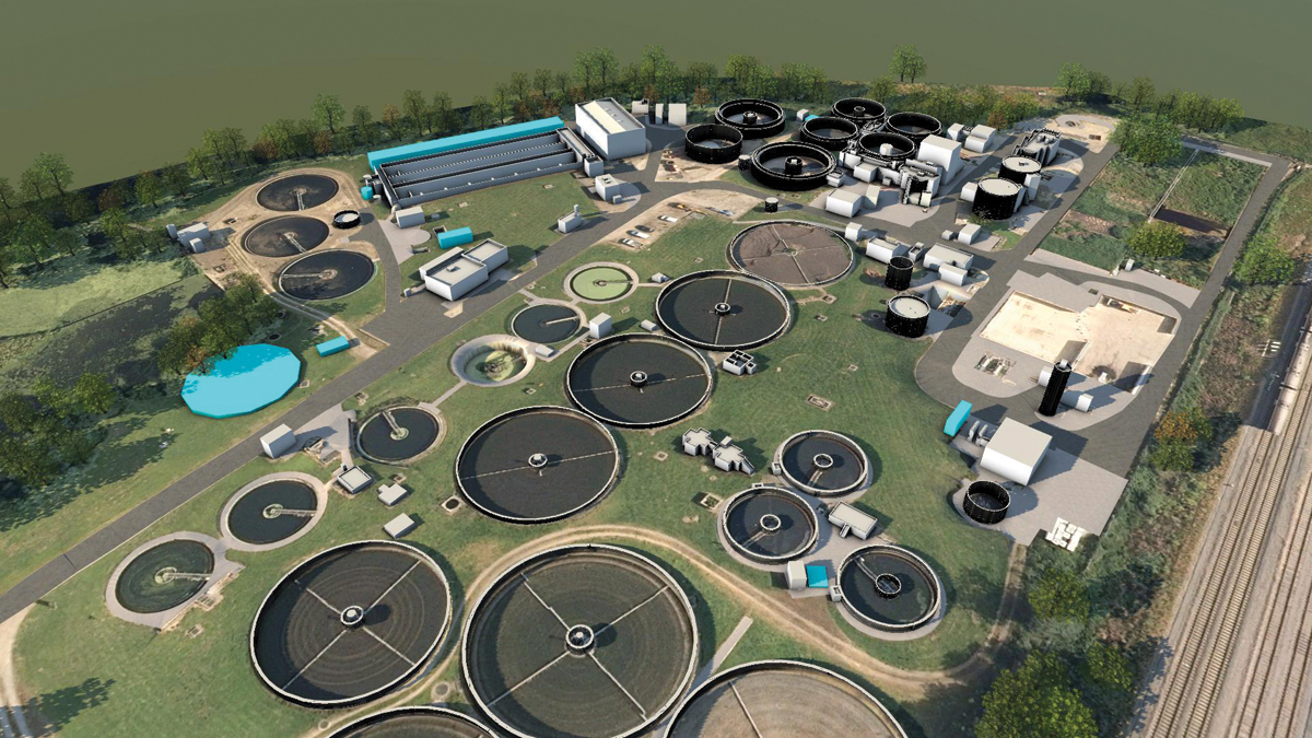 Digital visualisation of Bicester STW highlighting major areas of scope - Courtesy of MWH Treatment