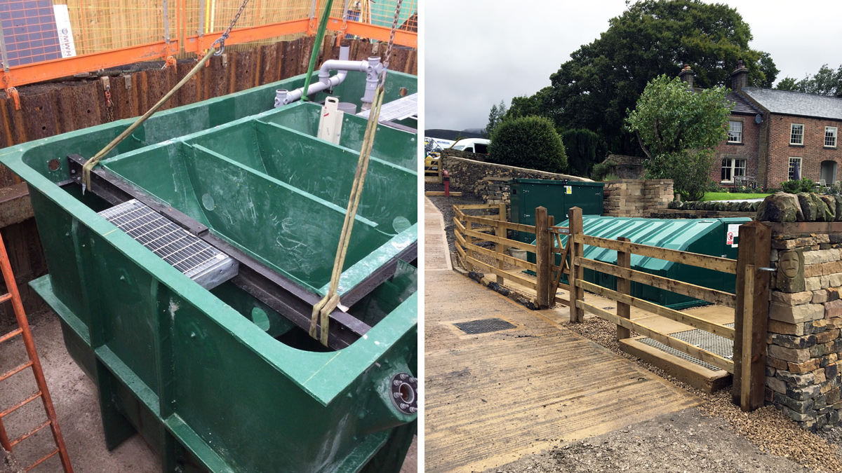 (left) RBC installation in cofferdam with sacrificial piles and (right) the completed works - Courtesy of MWH Treatment