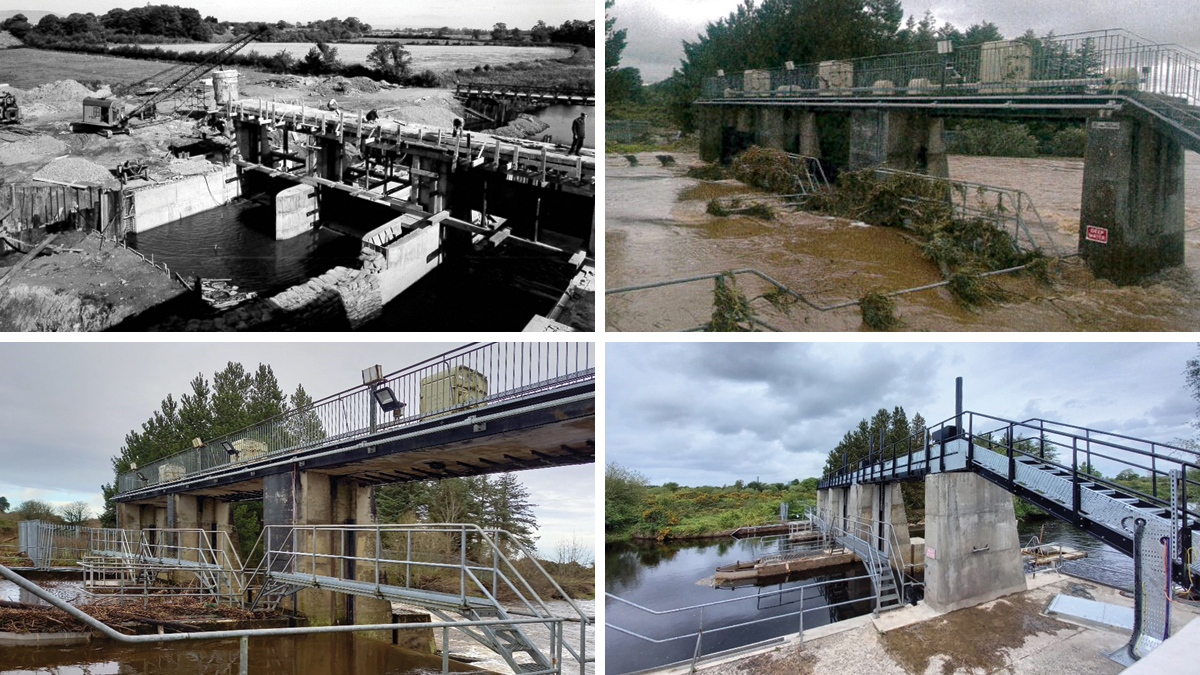 (top left) Construction of the original weir gates, (top right) weir gates following flood event, (bottom left) the weir gates prior to upgrade and (bottom right) the new weir gates - Courtesy of NI Water