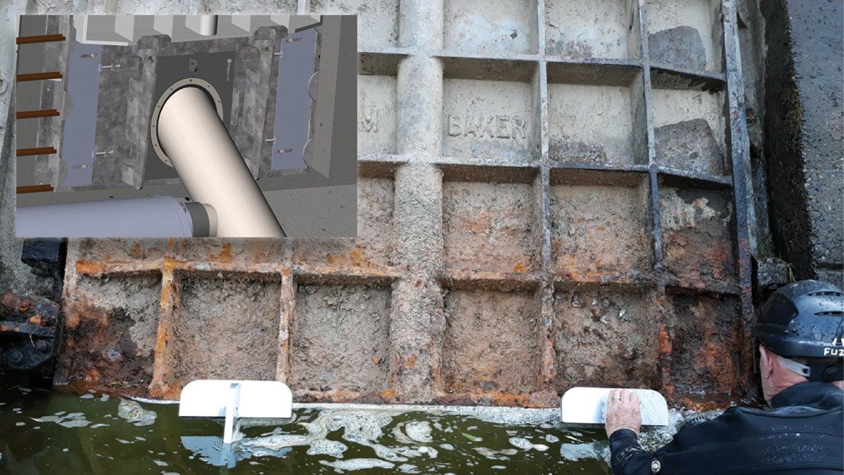 Penstock interface is secured using penstock door and (inset) penstock interface plate design - Courtesy of Integrated Water Services (M&E) Ltd