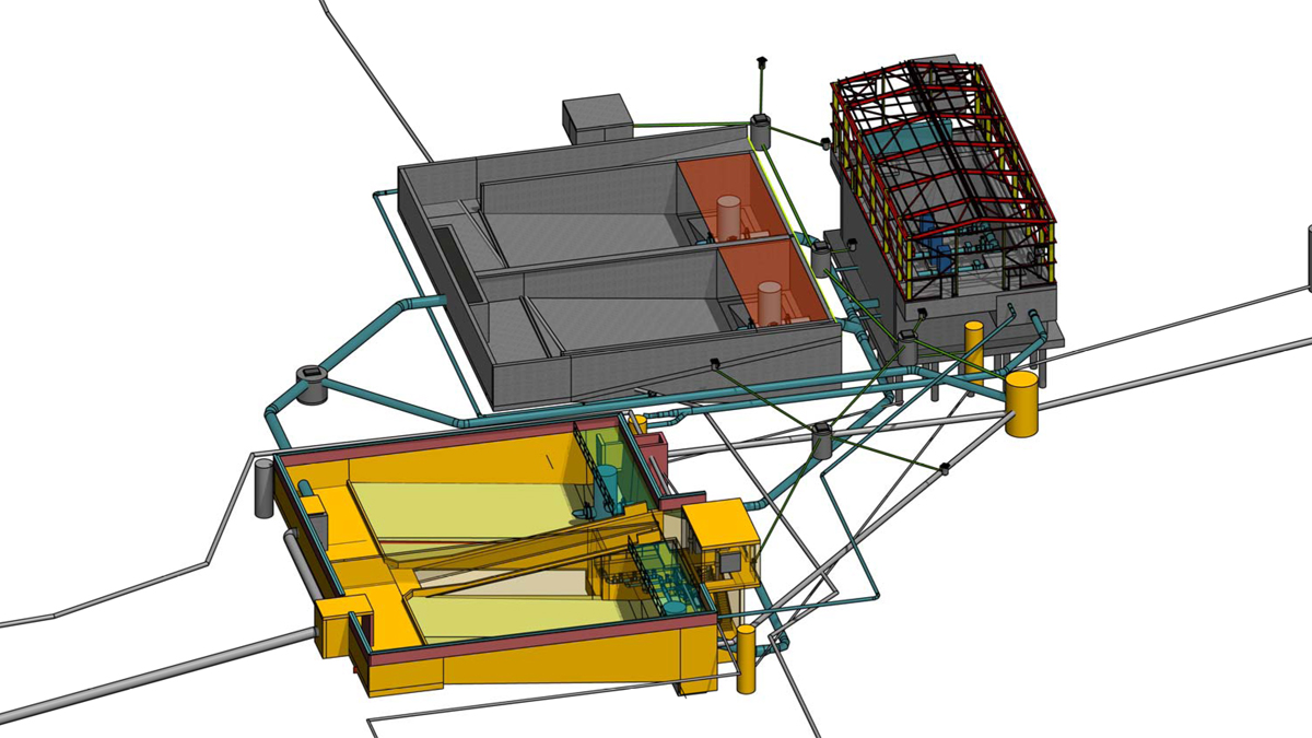 Model showing the existing washwater tanks (Tanks 1 and 2 - mustard colour) and the new tanks (3 and 4 – grey) with the new supernatant pumping station. The complex arrangement of new and existing pipework can also be seen - Courtesy of Stantec UK