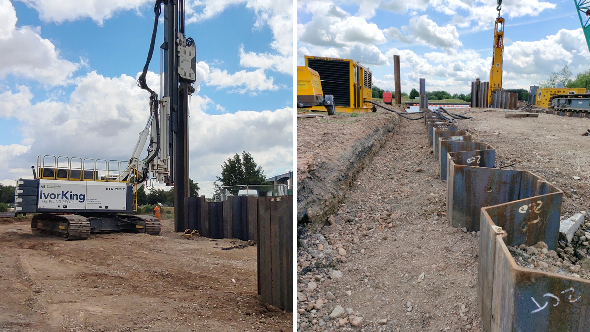 (left) Piling rig and (right) upstream cofferdam piling run - Courtesy Jackson Civil Engineering