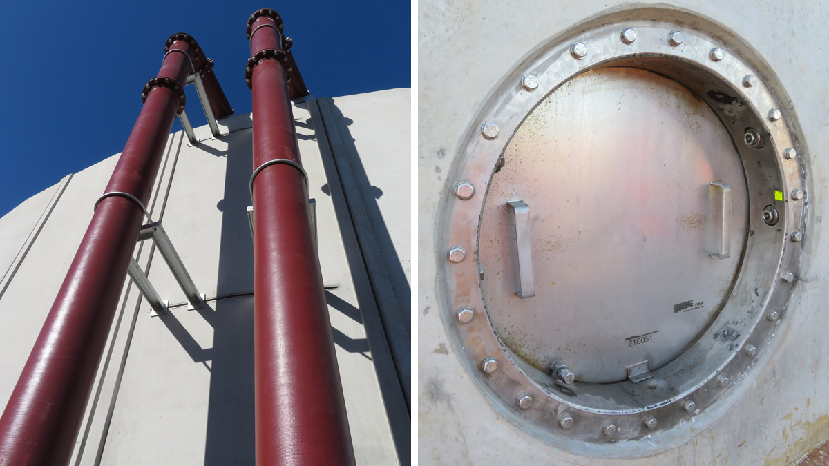 (left) Halfen channel cast into the panel during factory manufacture for easy installation of brackets/pipework and (right) bespoke stainless steel manway - Courtesy of A-Consult Ltd