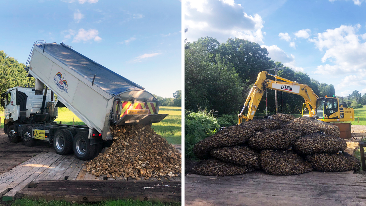 (left) Chert and rock from Blashford Quarry and (right) filling the Salix AquaRockBags - Courtesy of Teignmouth Maritime Services/Bournemouth Water