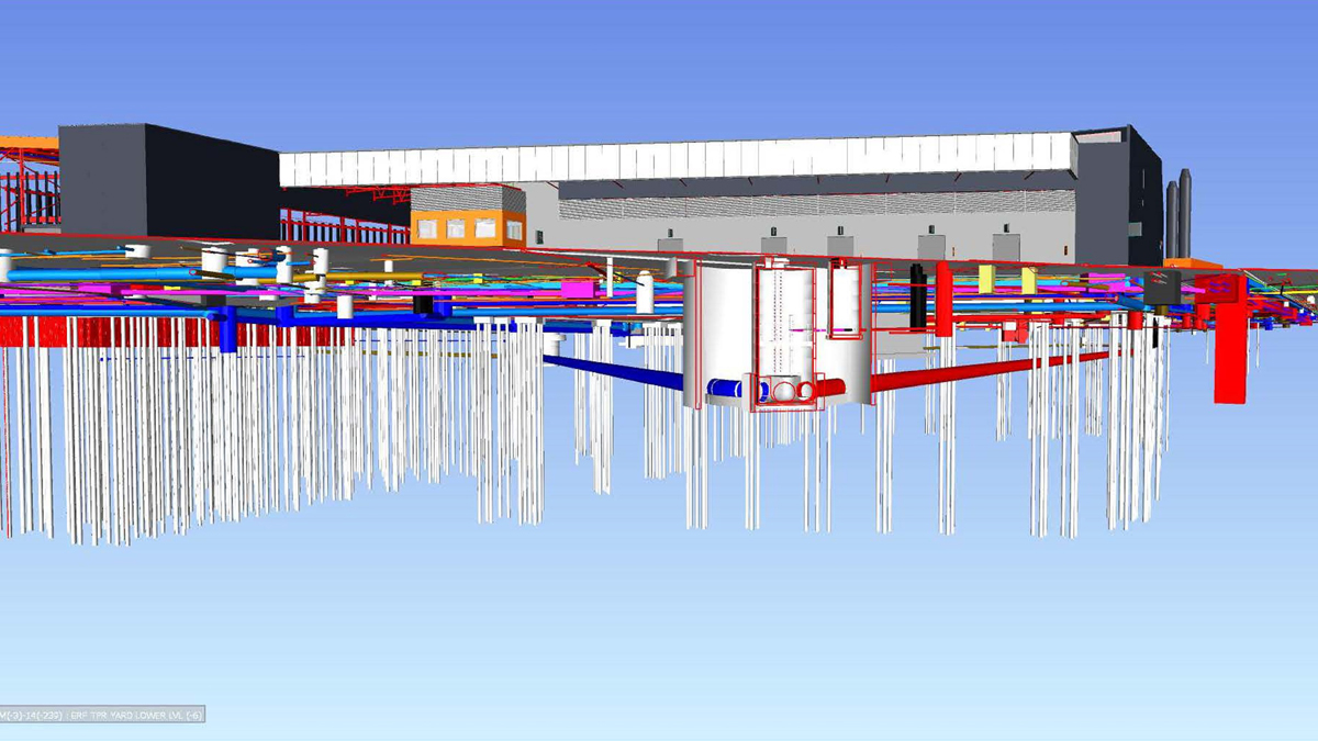 3D model of 1200mm tunnel lines and RRF pile layout - Courtesy of Barhale & North London Waste Authority
