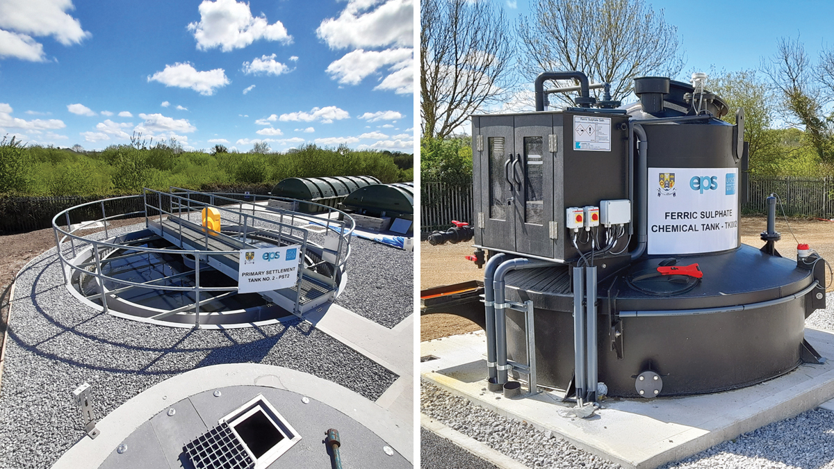 (left) Completed primary settlement tanks and (right) ferric sulphate chemical dosing system assembled in-house by EPS Group