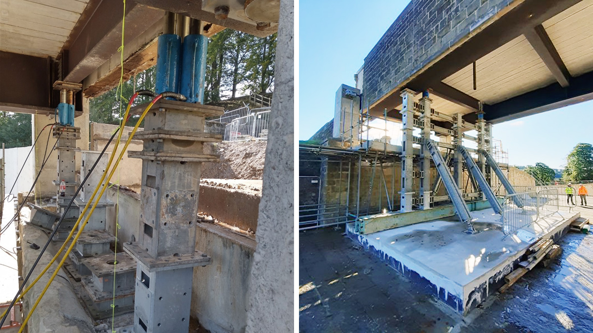 (left) Bridge being raised on the jacks and (right) bridge on its props in the final temporary position - Courtesy of MMB