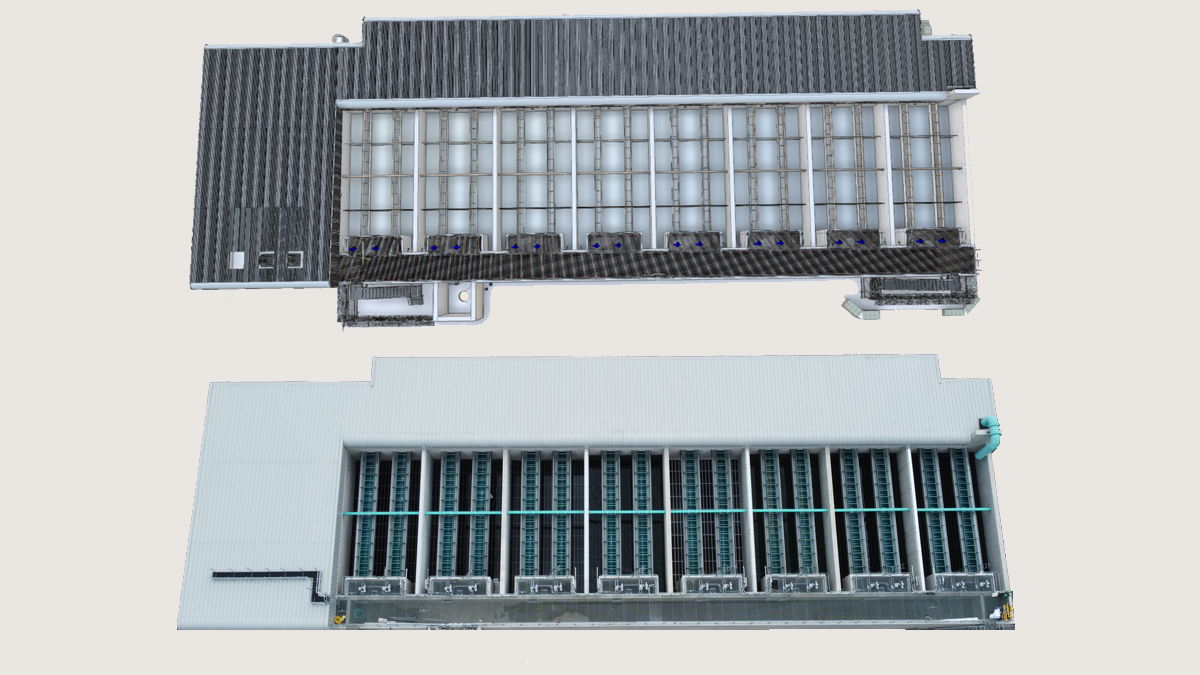 (top) Rapid gravity filter structure 3D model and (below) rapid gravity filter structure - Courtesy of Mott MacDonald Bentley