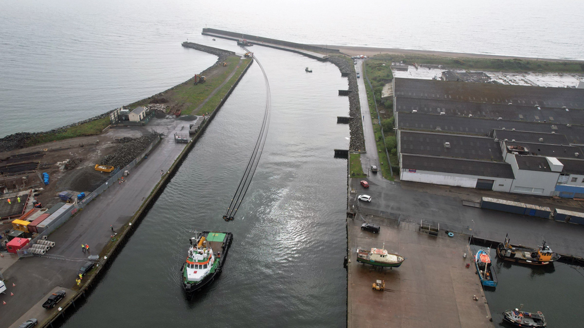 Outfall pipe arrival from Norway by sea to the dock in Arklow for preparation and assembly - Courtesy of Van Oord Ireland