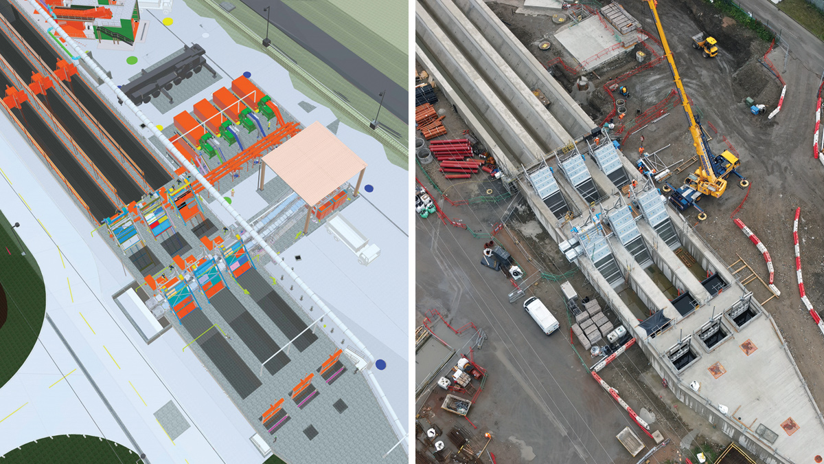 (left) 3D BIM model of new inlet works screens and (right) new inlet works forebay with coarse and medium screens upstream of the constant velocity grit channels - Courtesy of Laing O’Rourke