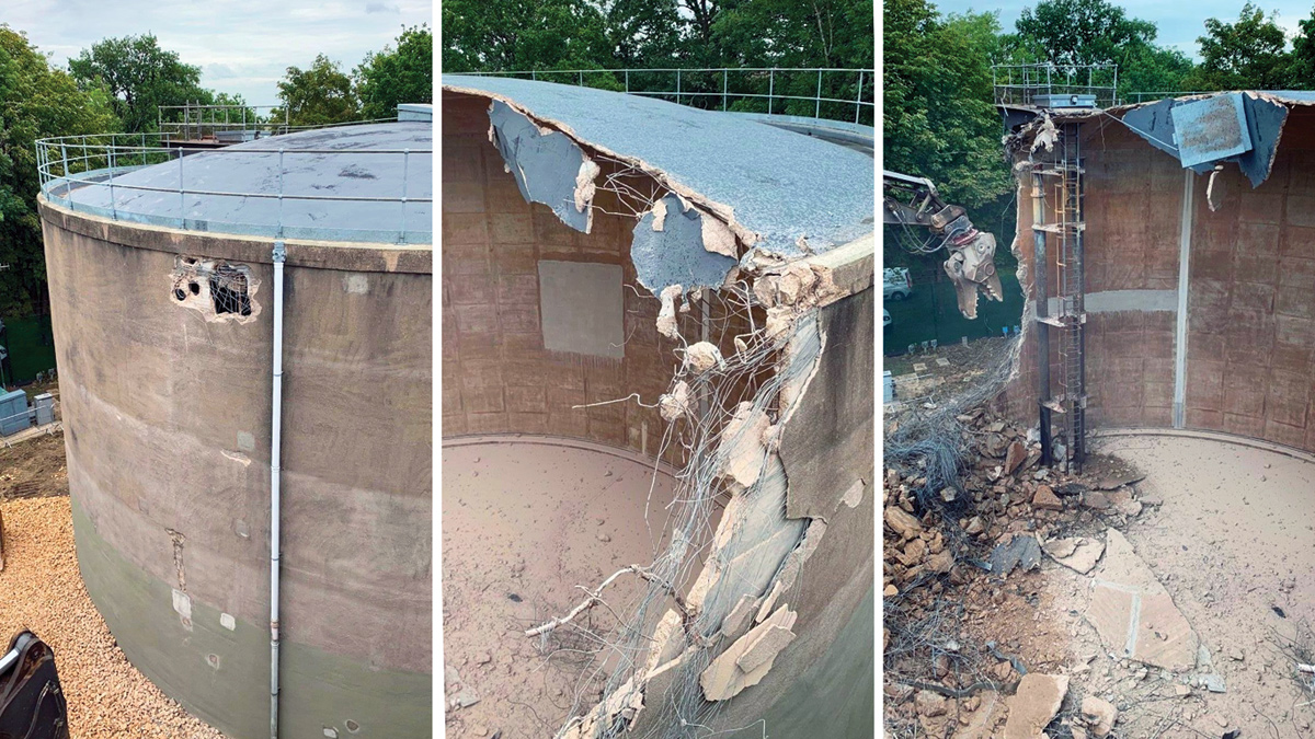 Demolition of the disused circular tank prior to construction - Courtesy of Stonbury