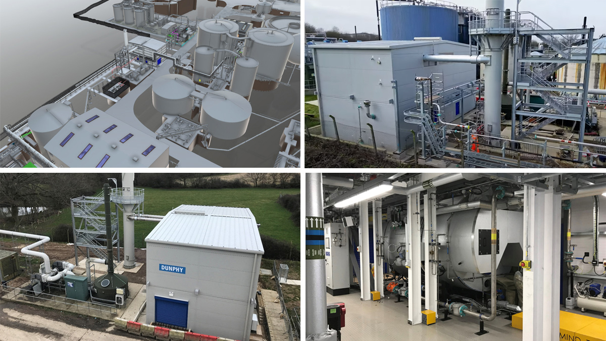 (top left) BIM model showing the steam boiler system, (top right) the rear of the steam boiler building and emissions stack, (bottom left) the front of the steam boiler building and emissions stack, and (bottom right) the Dunpy boiler package - Courtesy of Galliford Try